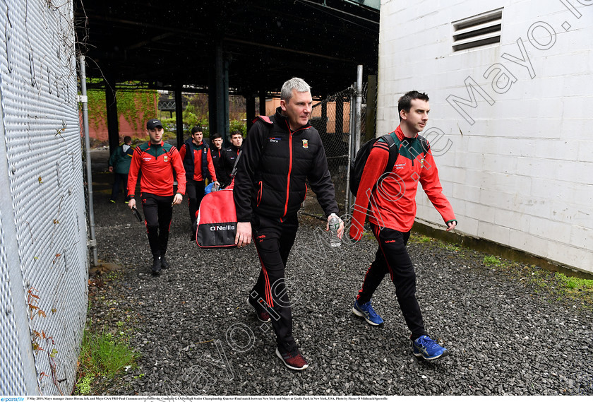 1696391 
 5 May 2019; Mayo manager James Horan, left, and Mayo GAA PRO Paul Cunnane arrive before the Connacht GAA Football Senior Championship Quarter-Final match between New York and Mayo at Gaelic Park in New York, USA. Photo by Piaras Ó Mídheach/Sportsfile 
 Keywords: GAA, Football, ny, nyc, bronx, Manhattan, mayococo