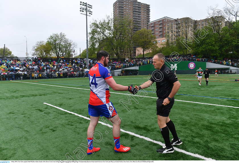 1697249 
 5 May 2019; New York captain Niall Madine shakes hands with referee Conor Lane before the Connacht GAA Football Senior Championship Quarter-Final match between New York and Mayo at Gaelic Park in New York, USA. Photo by Piaras Ó Mídheach/Sportsfile 
 Keywords: GAA, Football, ny, nyc, bronx, Manhattan