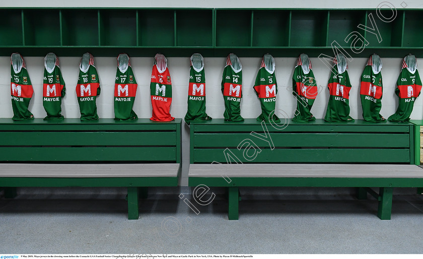 1697263 
 5 May 2019; Mayo jerseys in the dressing room before the Connacht GAA Football Senior Championship Quarter-Final match between New York and Mayo at Gaelic Park in New York, USA. Photo by Piaras Ó Mídheach/Sportsfile 
 Keywords: GAA, Football, ny, nyc, bronx, Manhattan