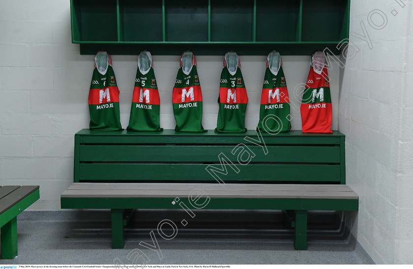 1697254 
 5 May 2019; Mayo jerseys in the dressing room before the Connacht GAA Football Senior Championship Quarter-Final match between New York and Mayo at Gaelic Park in New York, USA. Photo by Piaras Ó Mídheach/Sportsfile 
 Keywords: GAA, Football, ny, nyc, bronx, Manhattan