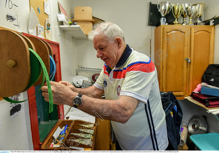 1696102 
 5 May 2019; Mattie Chambers, who left Cooraclare, Co Clare, for America on the 1st of December 1983, and who currently lives in the Bronx, sells tickets before the Connacht GAA Football Senior Championship Quarter-Final match between New York and Mayo at Gaelic Park in New York, USA. Photo by Piaras Ó Mídheach/Sportsfile 
 Keywords: GAA, Football, ny, nyc, bronx, Manhattan, mayococo