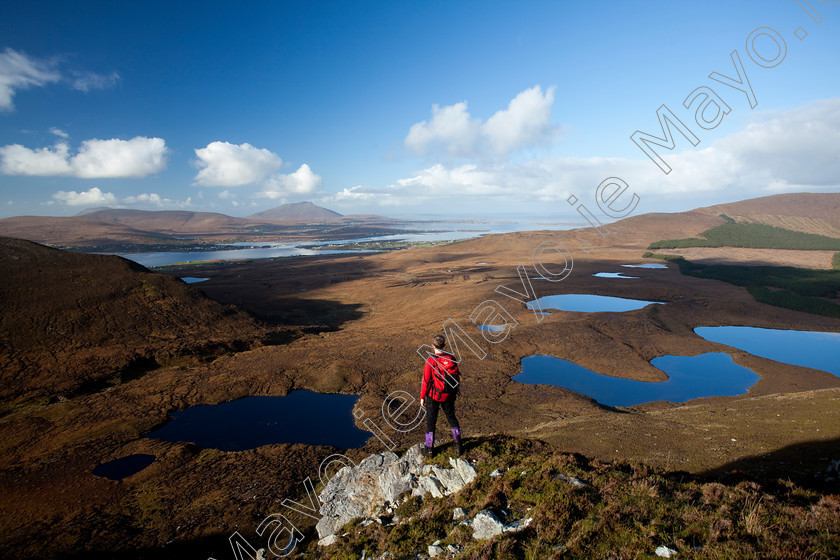 Wilderness-Area 
 Walker looking to Achill Island from Corraun Hill, Co Mayo, Ireland. 
 Keywords: Irish, hillwalking, walks, walking, walkers, hikes, hiking, hikers, treks, trekking, trekkers, hills, mountains, peaks, summits, outdoors, scenery, scenes, views, activity, activities, pursuits, lakes, loughs, lochs