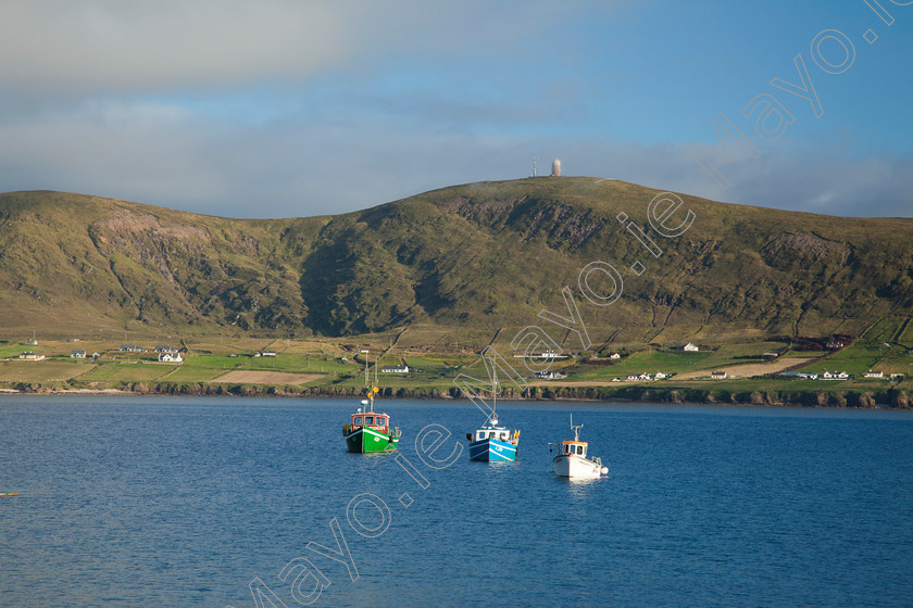 Fishing-Boats-out-on-Clew-Bay 
 Fishing boats moored in Broadhaven Bay, Carrowteige, Co Mayo, Ireland. 
 Keywords: Carrowteige, County, Mayo, Ireland, atlantic, boats, coast, coastal, coastlines, fishing, harbours, hills, industry, Irish, landscapes, moored, moorings, mountains, ocean, outdoors, scenery, scenes, sea, trawlers, Broadhaven, Bay