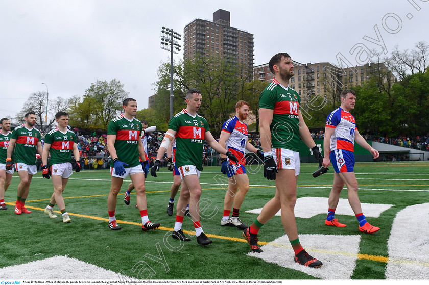 1696674 
 5 May 2019; Aidan O'Shea of Mayo in the parade before the Connacht GAA Football Senior Championship Quarter-Final match between New York and Mayo at Gaelic Park in New York, USA. Photo by Piaras Ó Mídheach/Sportsfile 
 Keywords: GAA, Football, ny, nyc, bronx, Manhattan, stock, mayococo