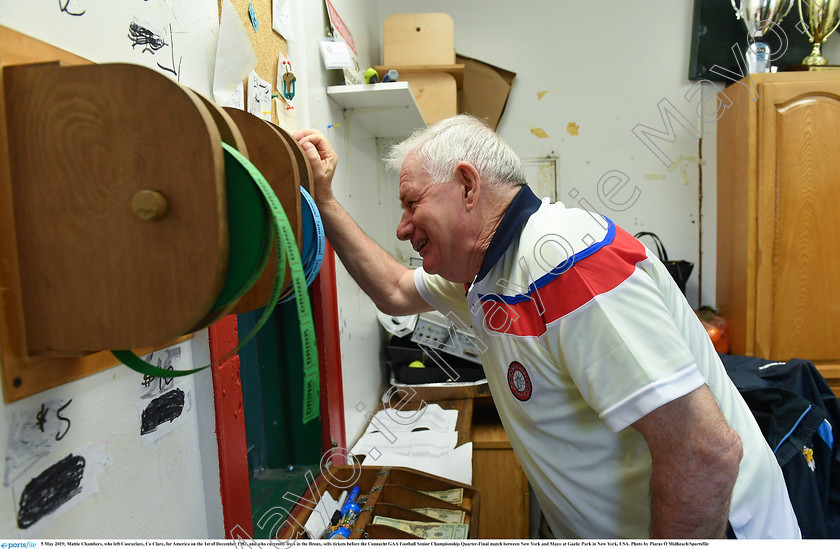 1697248 
 5 May 2019; Mattie Chambers, who left Cooraclare, Co Clare, for America on the 1st of December 1983, and who currently lives in the Bronx, sells tickets before the Connacht GAA Football Senior Championship Quarter-Final match between New York and Mayo at Gaelic Park in New York, USA. Photo by Piaras Ó Mídheach/Sportsfile 
 Keywords: GAA, Football, ny, nyc, bronx, Manhattan