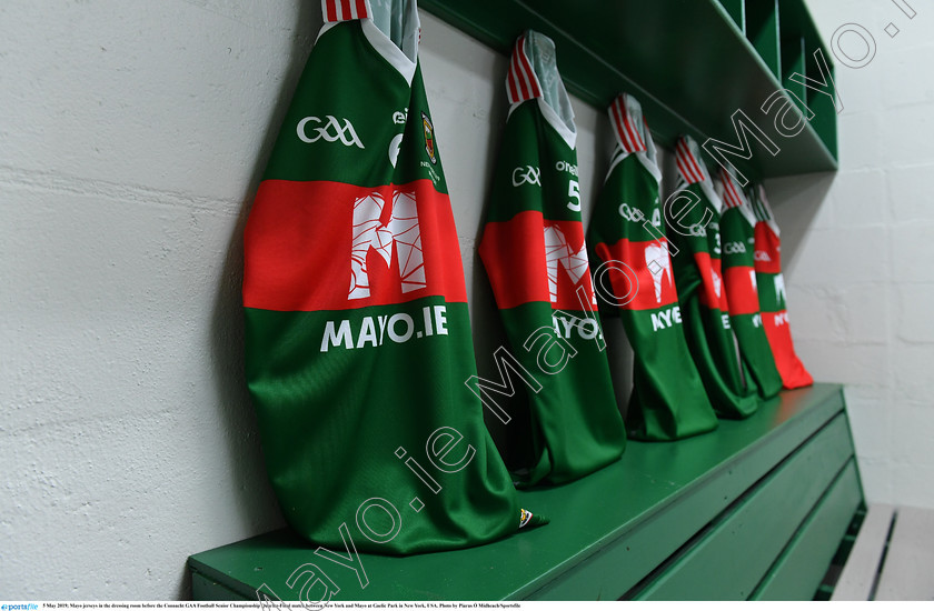 1697262 
 5 May 2019; Mayo jerseys in the dressing room before the Connacht GAA Football Senior Championship Quarter-Final match between New York and Mayo at Gaelic Park in New York, USA. Photo by Piaras Ó Mídheach/Sportsfile 
 Keywords: GAA, Football, ny, nyc, bronx, Manhattan