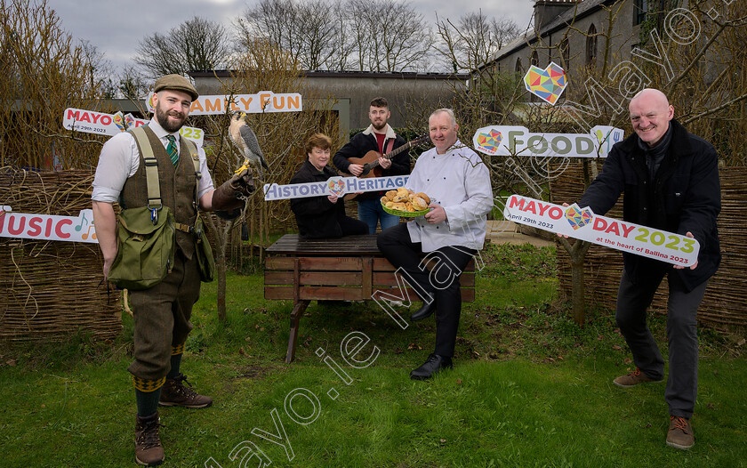 MayoDay2023-1603 
 Mayo Day 29th of April to celebrate all things Mayo, with the flagship event taking place in Ballina for the first time as part of the Ballina 2023 celebrations. Pictured at the launch in Ballina from L/R Daniel Gibbons (Falconer), Ailish Higgins (Jackie Clarke Collection), Finieinn Quinn (Musician), Ronan Fox (Chef) and Paul Cunningham (Ballina Arts Centre) . Pic: Michael Mc Laughlin