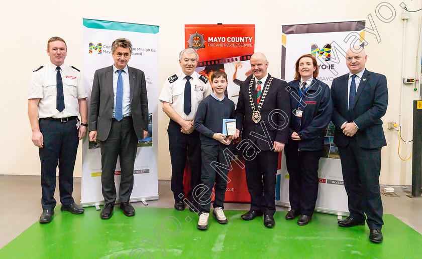 Photo-0013-captioned 
 Pictured at Mayo County Fire Service are winners of the Fire Safety Awareness Competition for National School pupils.

From left are Donal Reilly, Acting Chief Fire Officer, Mayo Fire Service, John Condon, Director of Services, Seamus Murphy, Chief Fire Officer, Mayo Fire Service, Seán Mc Namara, Cloondaff N.S. Glenhest, Newport, Cllr Blackie Gavin, Cathaoirleach of Mayo County Council, Aileen O'Connell, Senior Acting Chief Fire Officer, Mayo Fire Service, Peter Hynes, Chief Executive of Mayo County Council. PHOTO: John Mee Photography