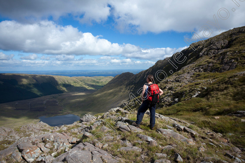 Walker-in-the-Nephin-Wilderness-Area 
 Walker looking over Dirkbeg Lough, Maumtrasna, Co Mayo, Ireland. 
 Keywords: Irish, Partry, hills, mountains, peaks, outdoors, scenery, scenes, loughs, lochs, lakes, hillwalking, walks, walking, walkers, hikes, hiking, hikers, treks, trekking, trekkers, routes, activity, activities, pursuits