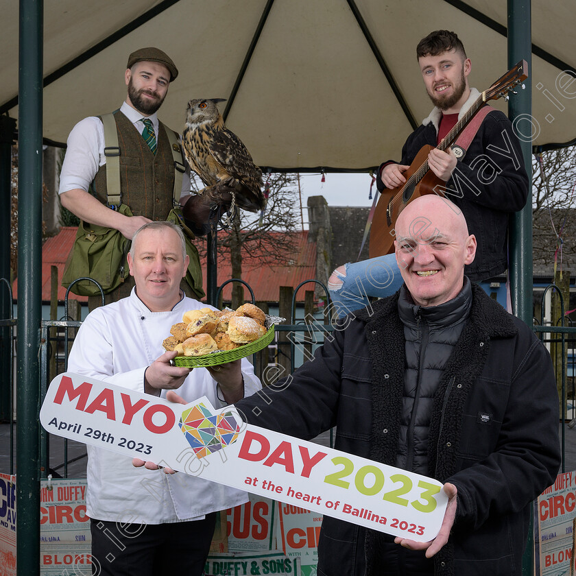 MayoDay2023-1549 
 Mayo Day 29th of April to celebrate all things Mayo, with the flagship event taking place in Ballina for the first time as part of the Ballina 2023 celebrations. Pictured at the launch in Ballina from L/R Ronan Fox (Chef), Paul Cunningham (Ballina Arts Centre), Daniel Gibbons (Falconer) and Finieinn Quinn (Musician). Pic: Michael Mc Laughlin