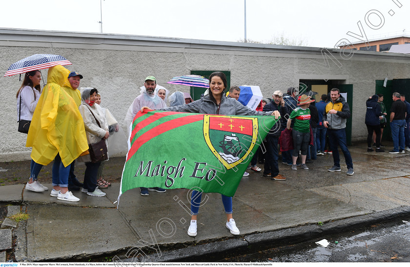 1697246 
 5 May 2019; Mayo supporter Maeve McCormack, from Islandeady, Co Mayo, before the Connacht GAA Football Senior Championship Quarter-Final match between New York and Mayo at Gaelic Park in New York, USA. Photo by Piaras Ó Mídheach/Sportsfile 
 Keywords: GAA, Football, ny, nyc, bronx, Manhattan, fans, supporters, spectators