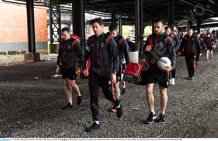 1696392 
 5 May 2019; Mayo players, from left, Andy Moran, David Clarke, and Kevin McLoughlin arrive before the Connacht GAA Football Senior Championship Quarter-Final match between New York and Mayo at Gaelic Park in New York, USA. Photo by Piaras Ó Mídheach/Sportsfile 
 Keywords: GAA, Football, ny, nyc, bronx, Manhattan, mayococo